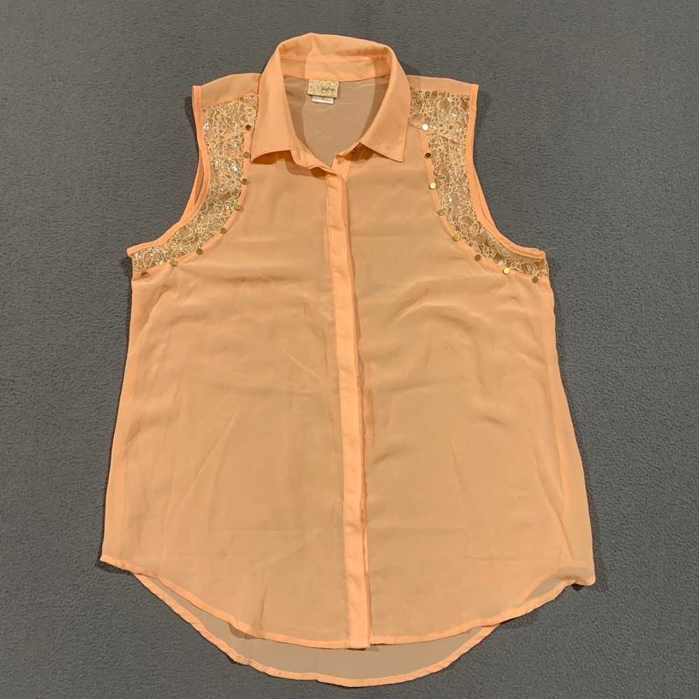 Daytrip Blouse Womens Medium Peach Lace Studded Sleeveless Sheer Button Up Boho